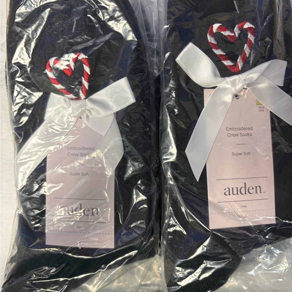 *8 Pairs* of Candy Cane Heart Auden Black Crew Socks with Red Heart Embroidery